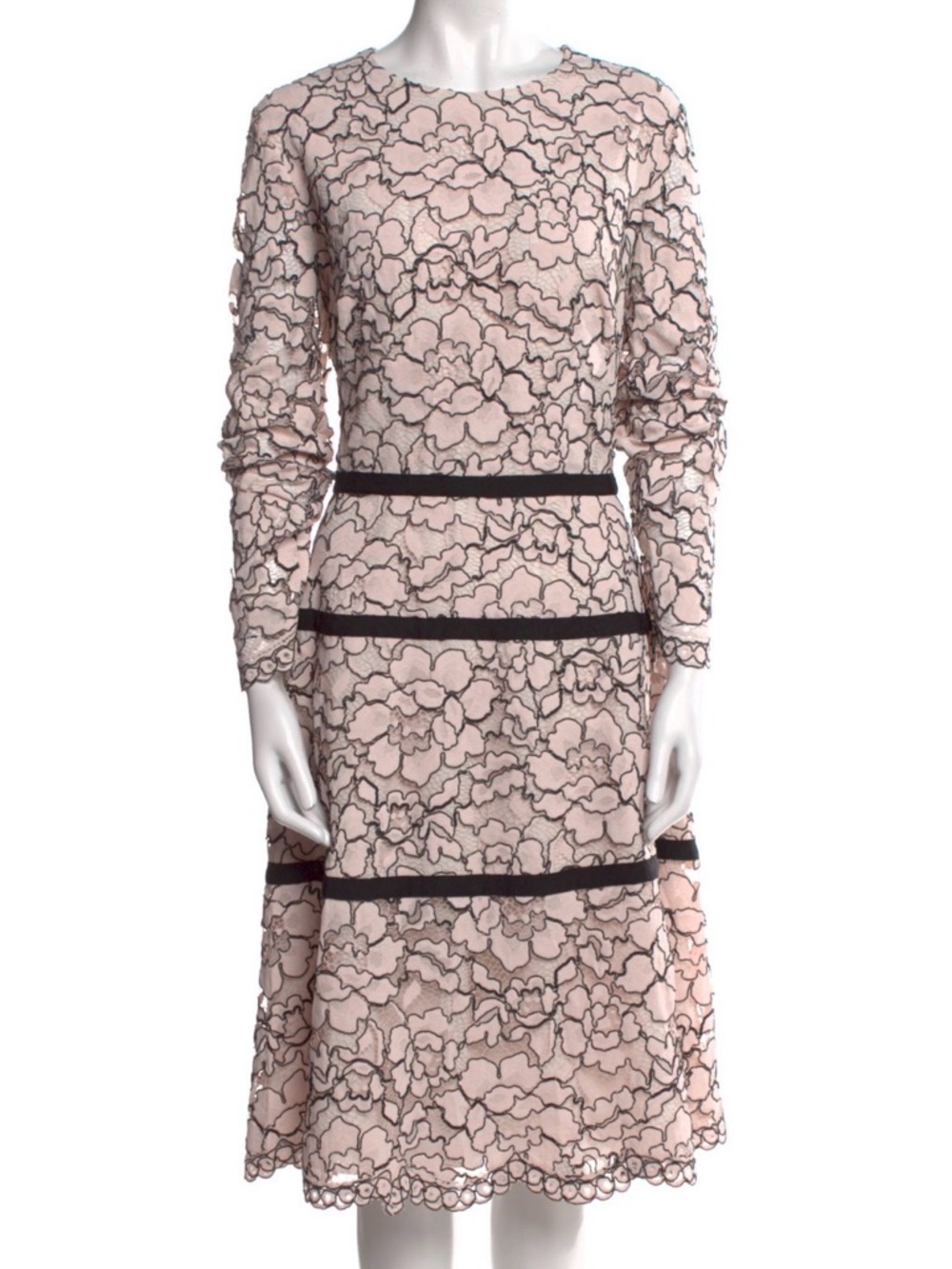 Lela Rose Long Sleeve Blush Lace Floral Midi Dress with Black Trim